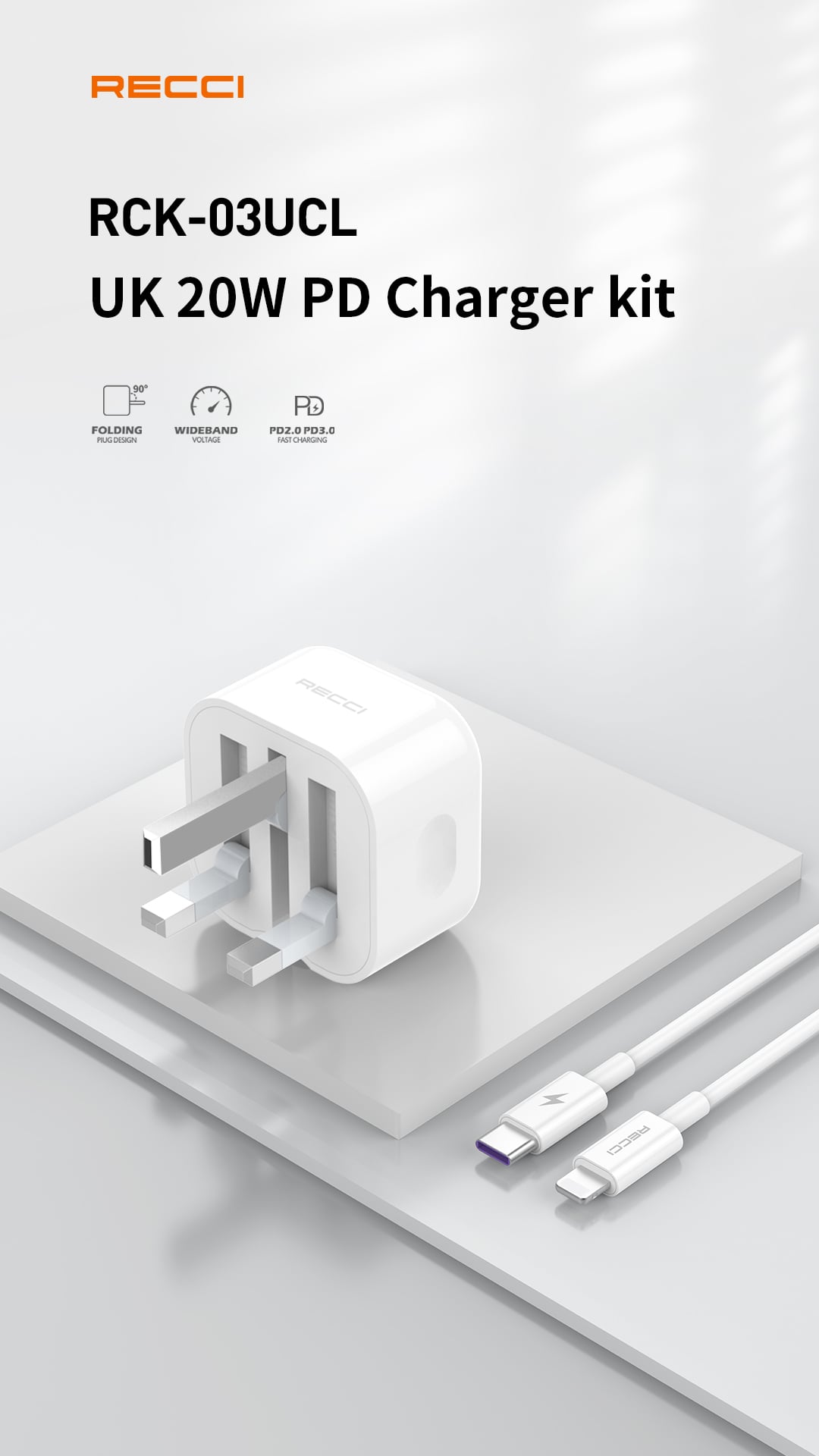 RECCI RCK-03UCL 20W PD Charger with Type-C to Lightning Cable