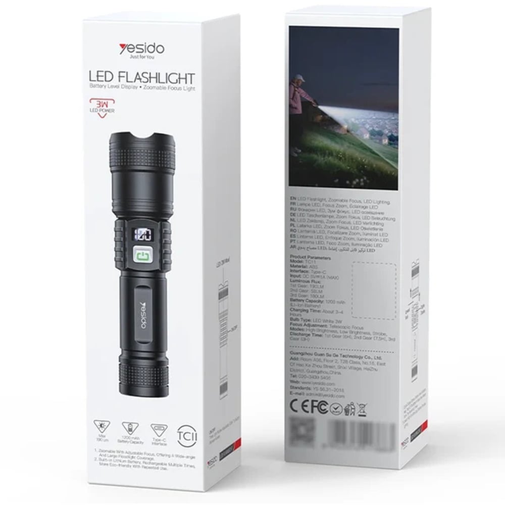 Yesido TC11 3W Telescopic Zoomable Type-C Rechargeable 1200mAh LED Flashlight with Battery Level Display