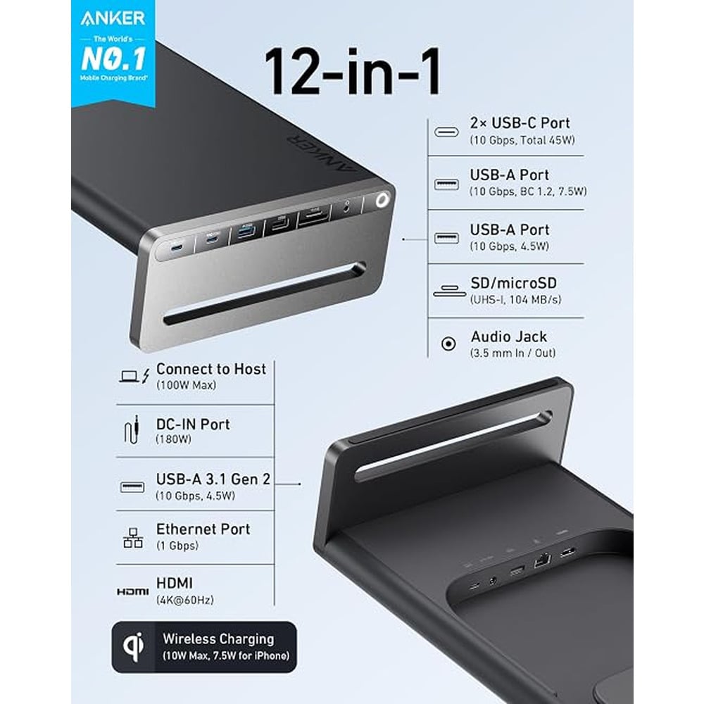 Anker 675 12 in 1 Monitor Stand USB-C Docking Station with Wireless Charging