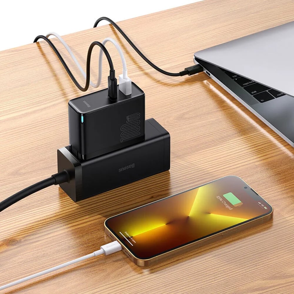 Baseus 100W GaN5 Pro C+U CN 2 Pin Fast Charger with Type-C to Type-C 100W 1M Cable