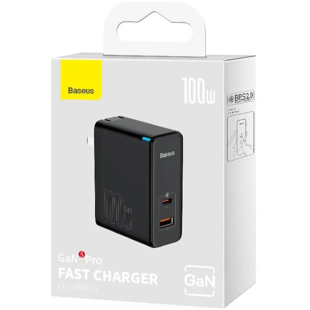 Baseus 100W GaN5 Pro C+U CN 2 Pin Fast Charger with Type-C to Type-C 100W 1M Cable