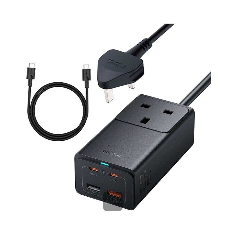 Baseus 65W GaN5 Pro Power Strip Ultimate Charging Station with 5 Ports, 1 AC Power Outlet, 2 Type-C, 2 USB-A Includes 100W Type-C Cable