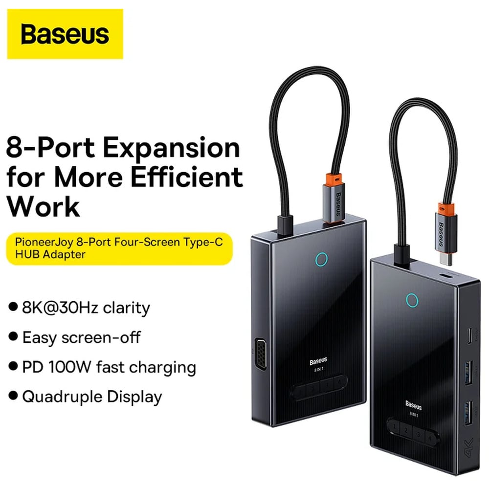Baseus PioneerJoy Series 8-in-1 / 4 Screen Type-C to HDMI4K@60Hz*1 + HDMI4K@30Hz*1 + DP8K@30Hz*1 + VGA + USB3.0*2 + Type-C (Data+PDout)*1 + PD*1 Hub Adapter