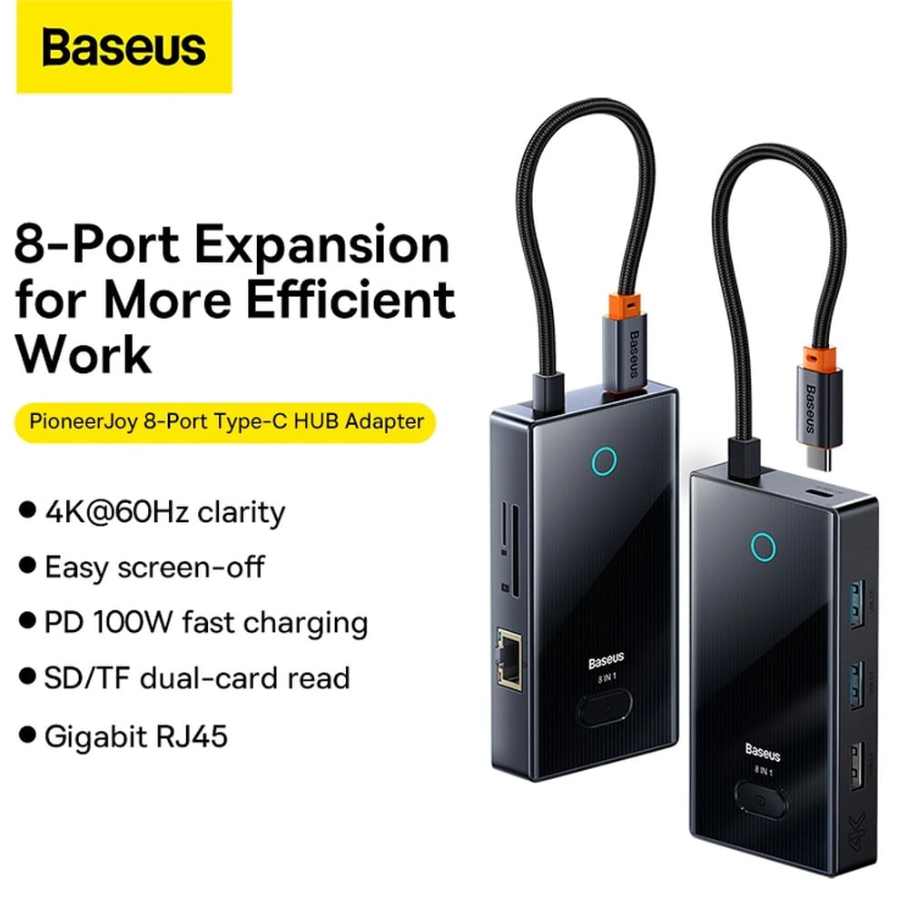 Baseus PioneerJoy 8-Port Type-C to HDMI4K@60Hz*1 + USB3.0*2 +USB2.0*1 +PD*1+RJ45*1+SD/TF*1 Hub Adapter