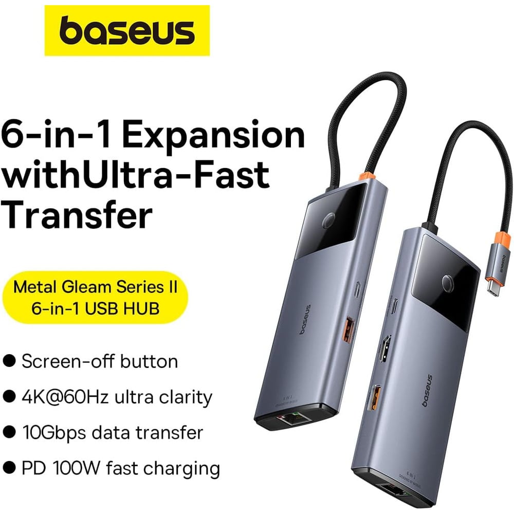 Baseus Metal Gleam Series II 6-in-1 Type-C to 1*HDMI 4K 60Hz + 1*USB-C + 2*USB-A + 1*RJ45 + 1*USB-C Hub Adapter